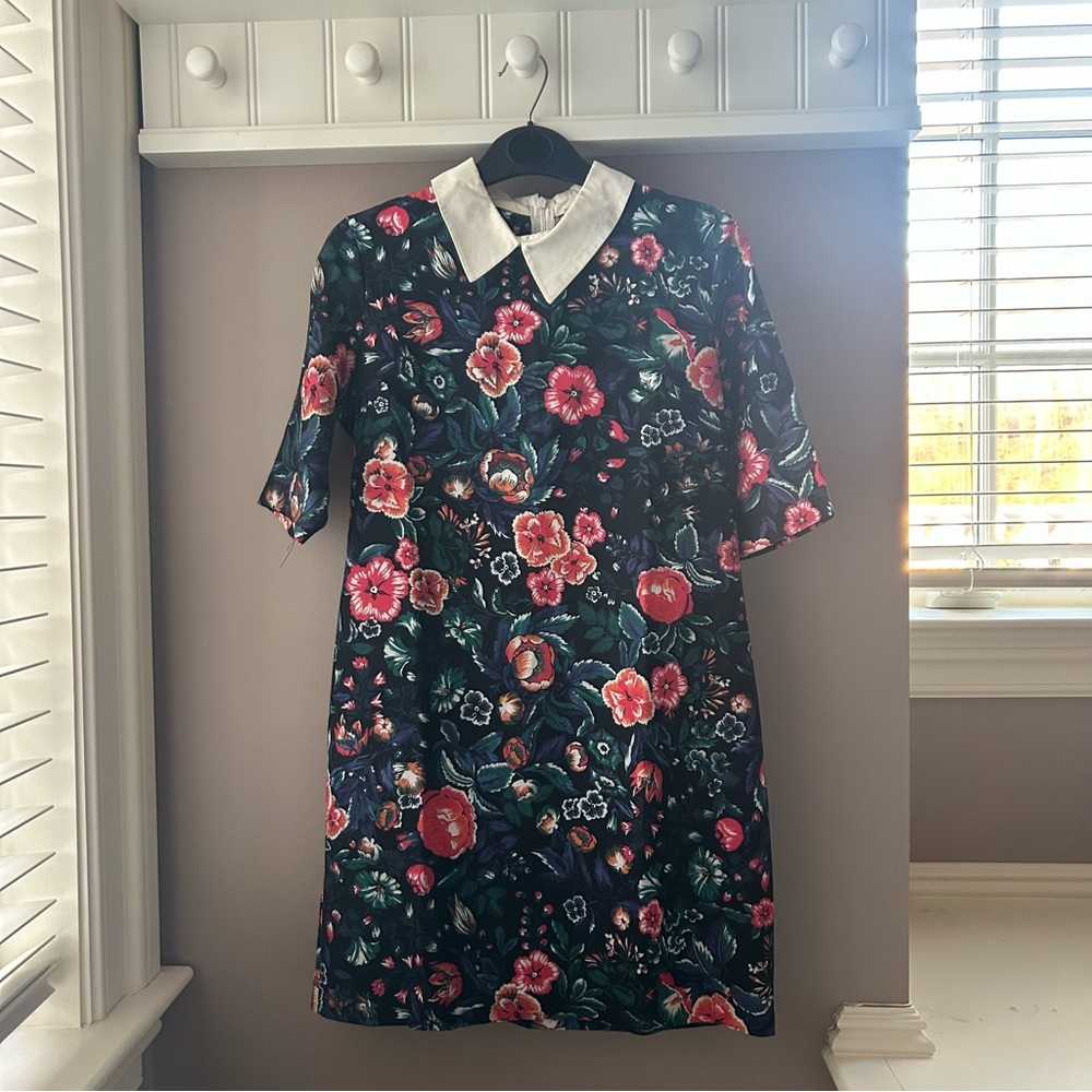 Zara Black Floral Mini Dress with White Collar Size S